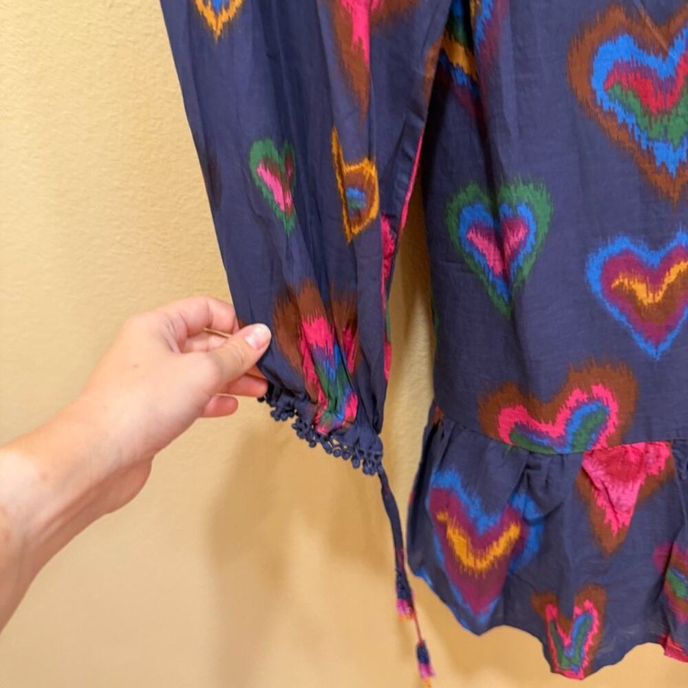 Farm Rio Blue Pink Beaded Tassled Hearts Long Sleeve Mini Dress XS - Picture 9 of 11